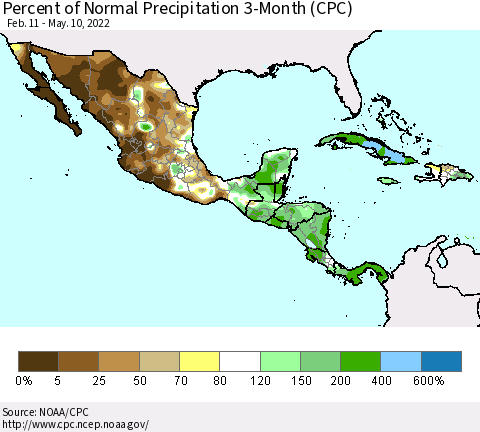 Mexico Central America and the Caribbean Percent of Normal Precipitation 3-Month (CPC) Thematic Map For 2/11/2022 - 5/10/2022