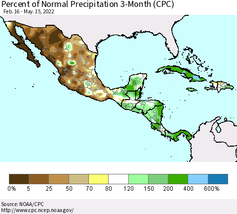Mexico Central America and the Caribbean Percent of Normal Precipitation 3-Month (CPC) Thematic Map For 2/16/2022 - 5/15/2022
