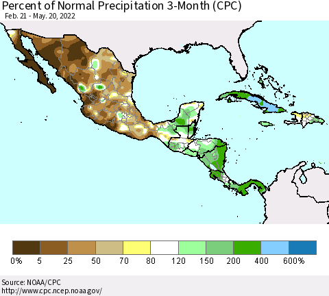 Mexico Central America and the Caribbean Percent of Normal Precipitation 3-Month (CPC) Thematic Map For 2/21/2022 - 5/20/2022