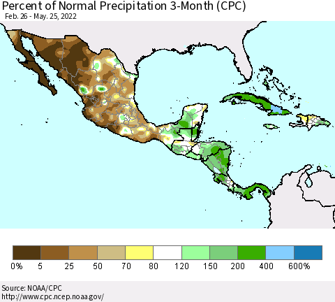 Mexico Central America and the Caribbean Percent of Normal Precipitation 3-Month (CPC) Thematic Map For 2/26/2022 - 5/25/2022