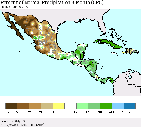 Mexico Central America and the Caribbean Percent of Normal Precipitation 3-Month (CPC) Thematic Map For 3/6/2022 - 6/5/2022