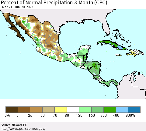 Mexico Central America and the Caribbean Percent of Normal Precipitation 3-Month (CPC) Thematic Map For 3/21/2022 - 6/20/2022