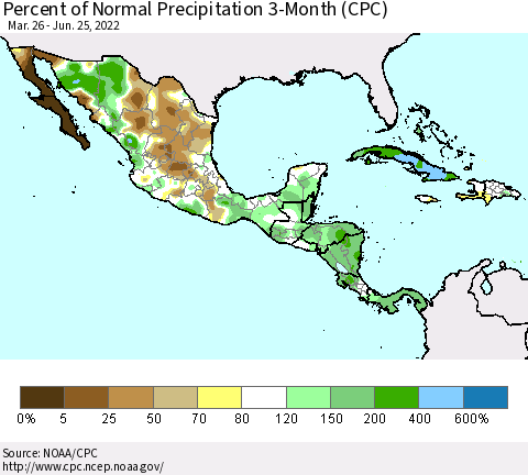 Mexico Central America and the Caribbean Percent of Normal Precipitation 3-Month (CPC) Thematic Map For 3/26/2022 - 6/25/2022