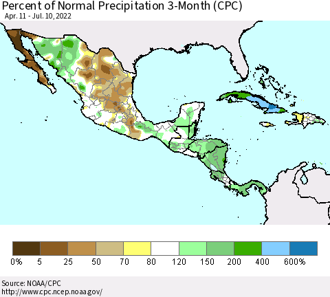 Mexico Central America and the Caribbean Percent of Normal Precipitation 3-Month (CPC) Thematic Map For 4/11/2022 - 7/10/2022