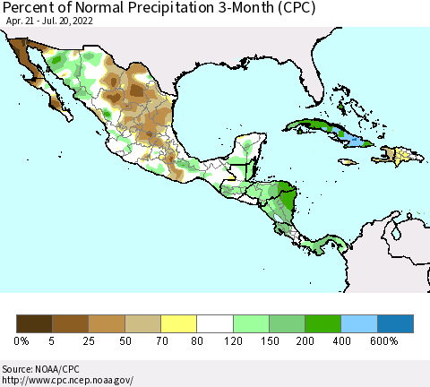 Mexico Central America and the Caribbean Percent of Normal Precipitation 3-Month (CPC) Thematic Map For 4/21/2022 - 7/20/2022