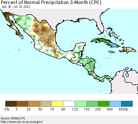 Mexico Central America and the Caribbean Percent of Normal Precipitation 3-Month (CPC) Thematic Map For 4/26/2022 - 7/25/2022
