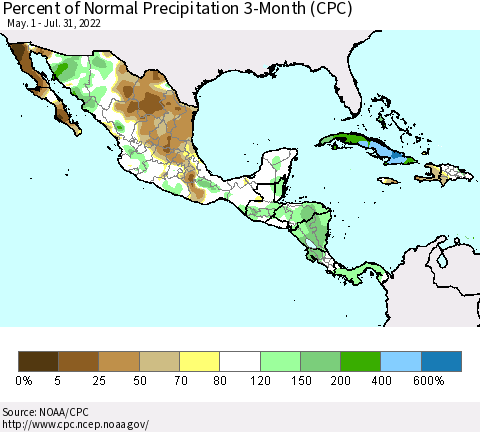 Mexico Central America and the Caribbean Percent of Normal Precipitation 3-Month (CPC) Thematic Map For 5/1/2022 - 7/31/2022