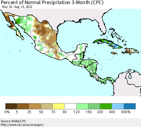 Mexico Central America and the Caribbean Percent of Normal Precipitation 3-Month (CPC) Thematic Map For 5/16/2022 - 8/15/2022