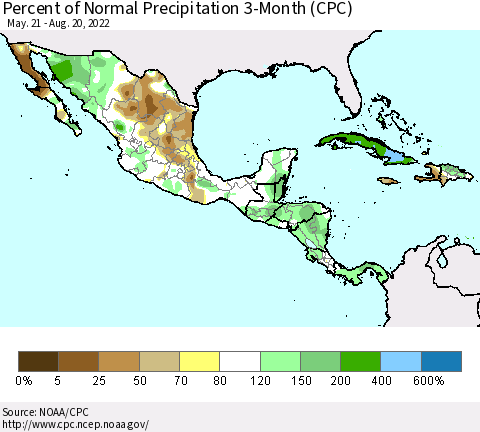 Mexico Central America and the Caribbean Percent of Normal Precipitation 3-Month (CPC) Thematic Map For 5/21/2022 - 8/20/2022