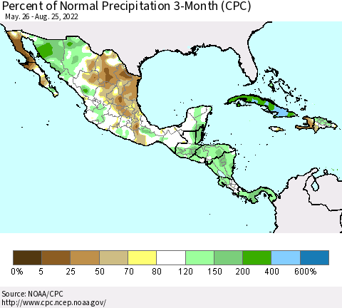 Mexico Central America and the Caribbean Percent of Normal Precipitation 3-Month (CPC) Thematic Map For 5/26/2022 - 8/25/2022
