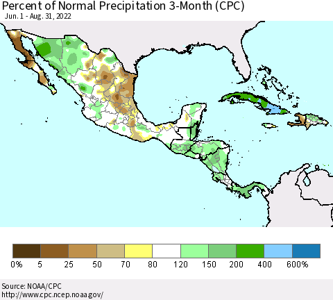 Mexico Central America and the Caribbean Percent of Normal Precipitation 3-Month (CPC) Thematic Map For 6/1/2022 - 8/31/2022