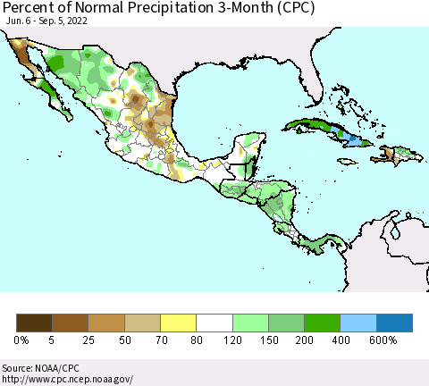 Mexico Central America and the Caribbean Percent of Normal Precipitation 3-Month (CPC) Thematic Map For 6/6/2022 - 9/5/2022