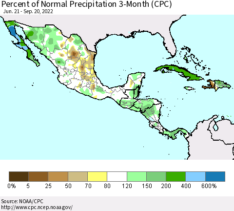 Mexico Central America and the Caribbean Percent of Normal Precipitation 3-Month (CPC) Thematic Map For 6/21/2022 - 9/20/2022