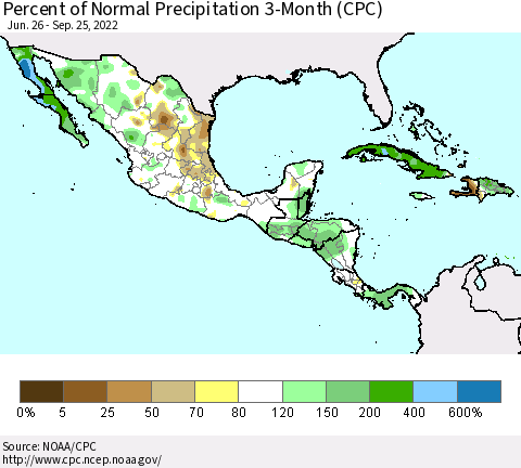 Mexico Central America and the Caribbean Percent of Normal Precipitation 3-Month (CPC) Thematic Map For 6/26/2022 - 9/25/2022