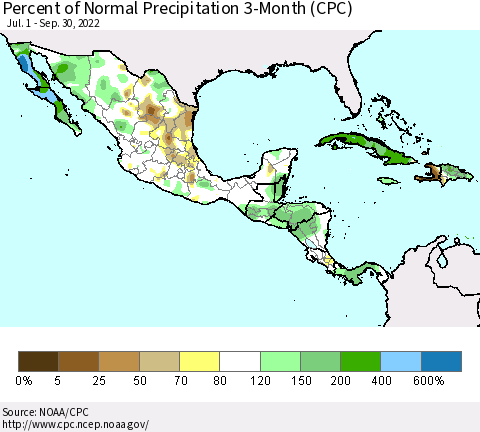 Mexico Central America and the Caribbean Percent of Normal Precipitation 3-Month (CPC) Thematic Map For 7/1/2022 - 9/30/2022