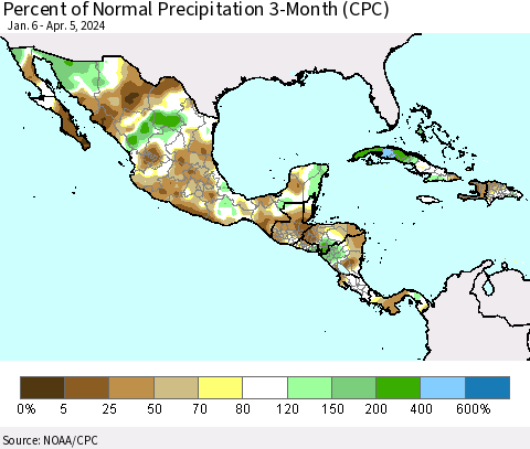 Mexico Central America and the Caribbean Percent of Normal Precipitation 3-Month (CPC) Thematic Map For 1/6/2024 - 4/5/2024