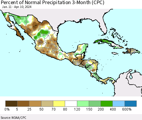 Mexico Central America and the Caribbean Percent of Normal Precipitation 3-Month (CPC) Thematic Map For 1/11/2024 - 4/10/2024