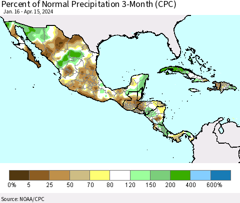 Mexico Central America and the Caribbean Percent of Normal Precipitation 3-Month (CPC) Thematic Map For 1/16/2024 - 4/15/2024