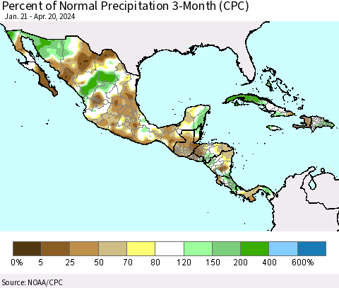 Mexico Central America and the Caribbean Percent of Normal Precipitation 3-Month (CPC) Thematic Map For 1/21/2024 - 4/20/2024