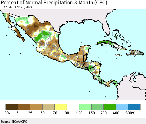Mexico Central America and the Caribbean Percent of Normal Precipitation 3-Month (CPC) Thematic Map For 1/26/2024 - 4/25/2024