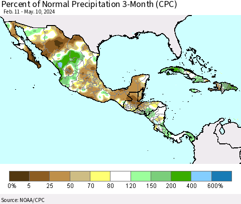 Mexico Central America and the Caribbean Percent of Normal Precipitation 3-Month (CPC) Thematic Map For 2/11/2024 - 5/10/2024