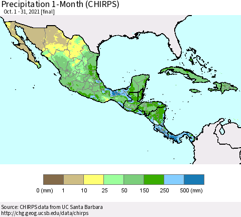 Mexico Central America and the Caribbean Precipitation 1-Month (CHIRPS) Thematic Map For 10/1/2021 - 10/31/2021