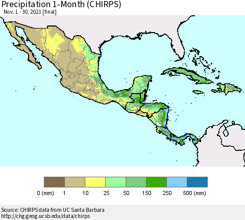 Mexico Central America and the Caribbean Precipitation 1-Month (CHIRPS) Thematic Map For 11/1/2021 - 11/30/2021