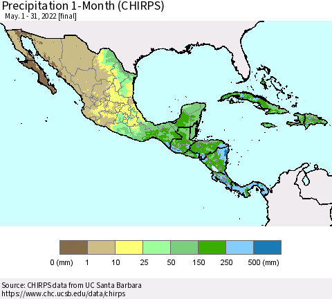 Mexico Central America and the Caribbean Precipitation 1-Month (CHIRPS) Thematic Map For 5/1/2022 - 5/31/2022