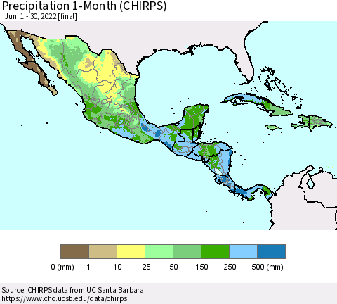 Mexico Central America and the Caribbean Precipitation 1-Month (CHIRPS) Thematic Map For 6/1/2022 - 6/30/2022