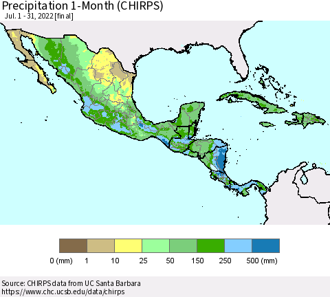 Mexico Central America and the Caribbean Precipitation 1-Month (CHIRPS) Thematic Map For 7/1/2022 - 7/31/2022
