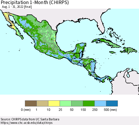 Mexico Central America and the Caribbean Precipitation 1-Month (CHIRPS) Thematic Map For 8/1/2022 - 8/31/2022
