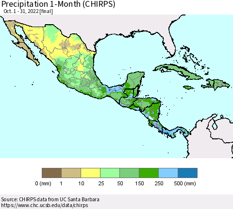 Mexico Central America and the Caribbean Precipitation 1-Month (CHIRPS) Thematic Map For 10/1/2022 - 10/31/2022