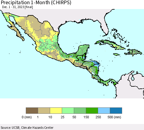 Mexico Central America and the Caribbean Precipitation 1-Month (CHIRPS) Thematic Map For 12/1/2023 - 12/31/2023
