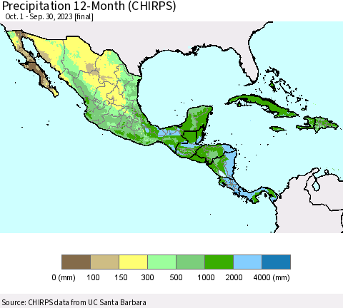 Mexico Central America and the Caribbean Precipitation 12-Month (CHIRPS) Thematic Map For 10/1/2022 - 9/30/2023