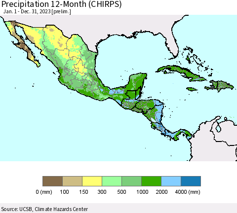 Mexico Central America and the Caribbean Precipitation 12-Month (CHIRPS) Thematic Map For 1/1/2023 - 12/31/2023