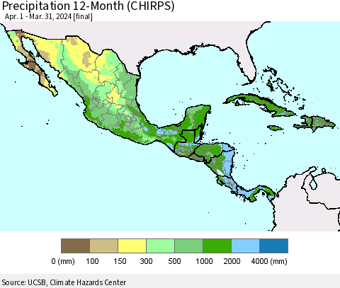 Mexico Central America and the Caribbean Precipitation 12-Month (CHIRPS) Thematic Map For 4/1/2023 - 3/31/2024