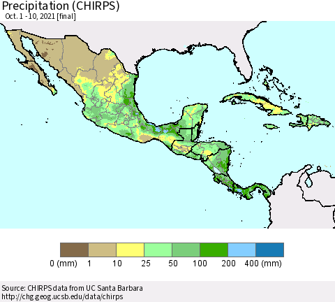 Mexico Central America and the Caribbean Precipitation (CHIRPS) Thematic Map For 10/1/2021 - 10/10/2021