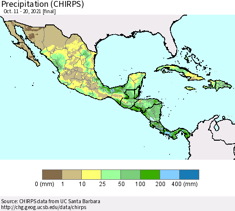 Mexico Central America and the Caribbean Precipitation (CHIRPS) Thematic Map For 10/11/2021 - 10/20/2021