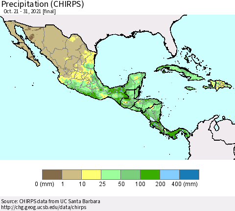Mexico Central America and the Caribbean Precipitation (CHIRPS) Thematic Map For 10/21/2021 - 10/31/2021