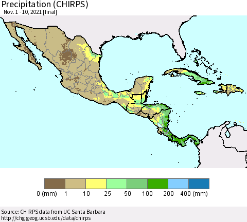 Mexico Central America and the Caribbean Precipitation (CHIRPS) Thematic Map For 11/1/2021 - 11/10/2021