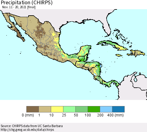 Mexico Central America and the Caribbean Precipitation (CHIRPS) Thematic Map For 11/11/2021 - 11/20/2021