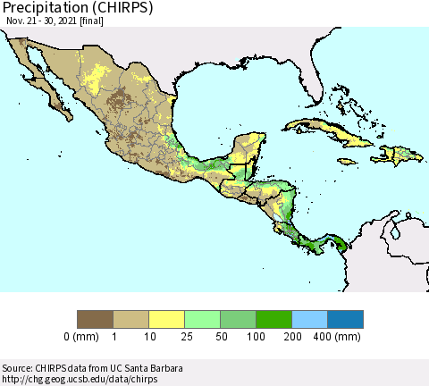 Mexico Central America and the Caribbean Precipitation (CHIRPS) Thematic Map For 11/21/2021 - 11/30/2021