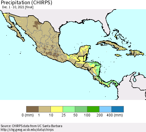 Mexico Central America and the Caribbean Precipitation (CHIRPS) Thematic Map For 12/1/2021 - 12/10/2021