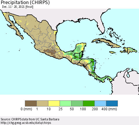 Mexico Central America and the Caribbean Precipitation (CHIRPS) Thematic Map For 12/11/2021 - 12/20/2021