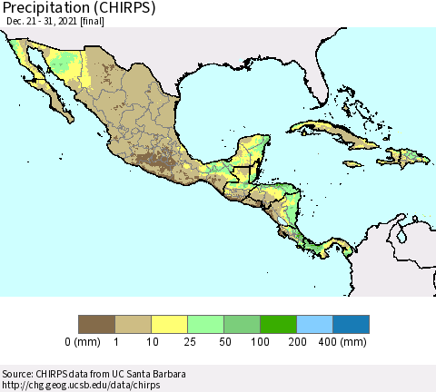 Mexico Central America and the Caribbean Precipitation (CHIRPS) Thematic Map For 12/21/2021 - 12/31/2021