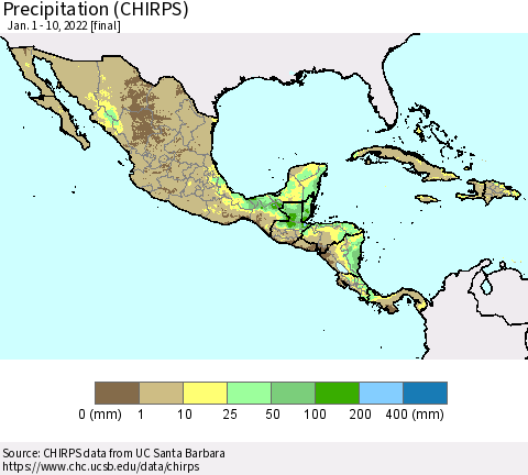 Mexico Central America and the Caribbean Precipitation (CHIRPS) Thematic Map For 1/1/2022 - 1/10/2022