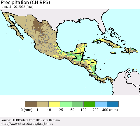 Mexico Central America and the Caribbean Precipitation (CHIRPS) Thematic Map For 1/11/2022 - 1/20/2022