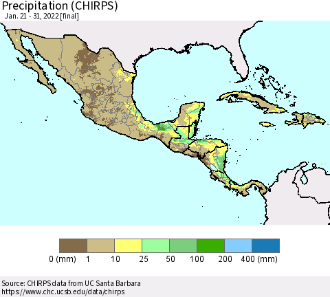 Mexico Central America and the Caribbean Precipitation (CHIRPS) Thematic Map For 1/21/2022 - 1/31/2022