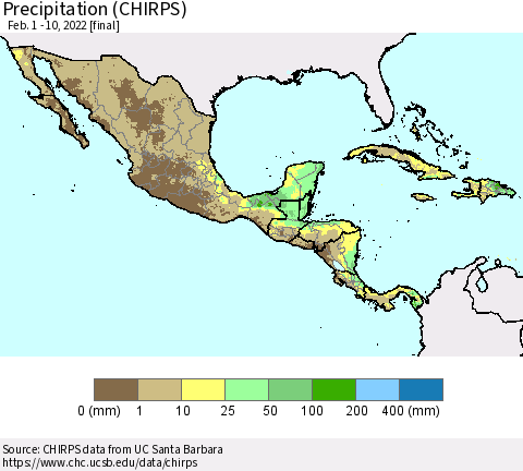 Mexico Central America and the Caribbean Precipitation (CHIRPS) Thematic Map For 2/1/2022 - 2/10/2022