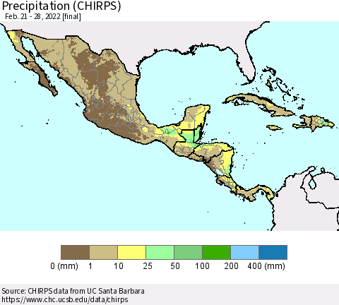 Mexico Central America and the Caribbean Precipitation (CHIRPS) Thematic Map For 2/21/2022 - 2/28/2022